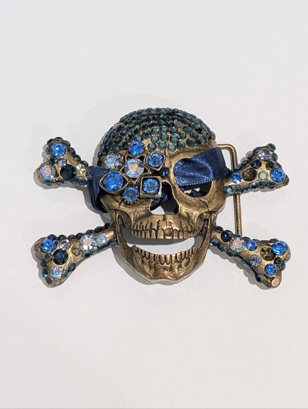 Skull Blue Crystal Rhinestone Brass Tone 4.25" X 3.25" Belt Buckle